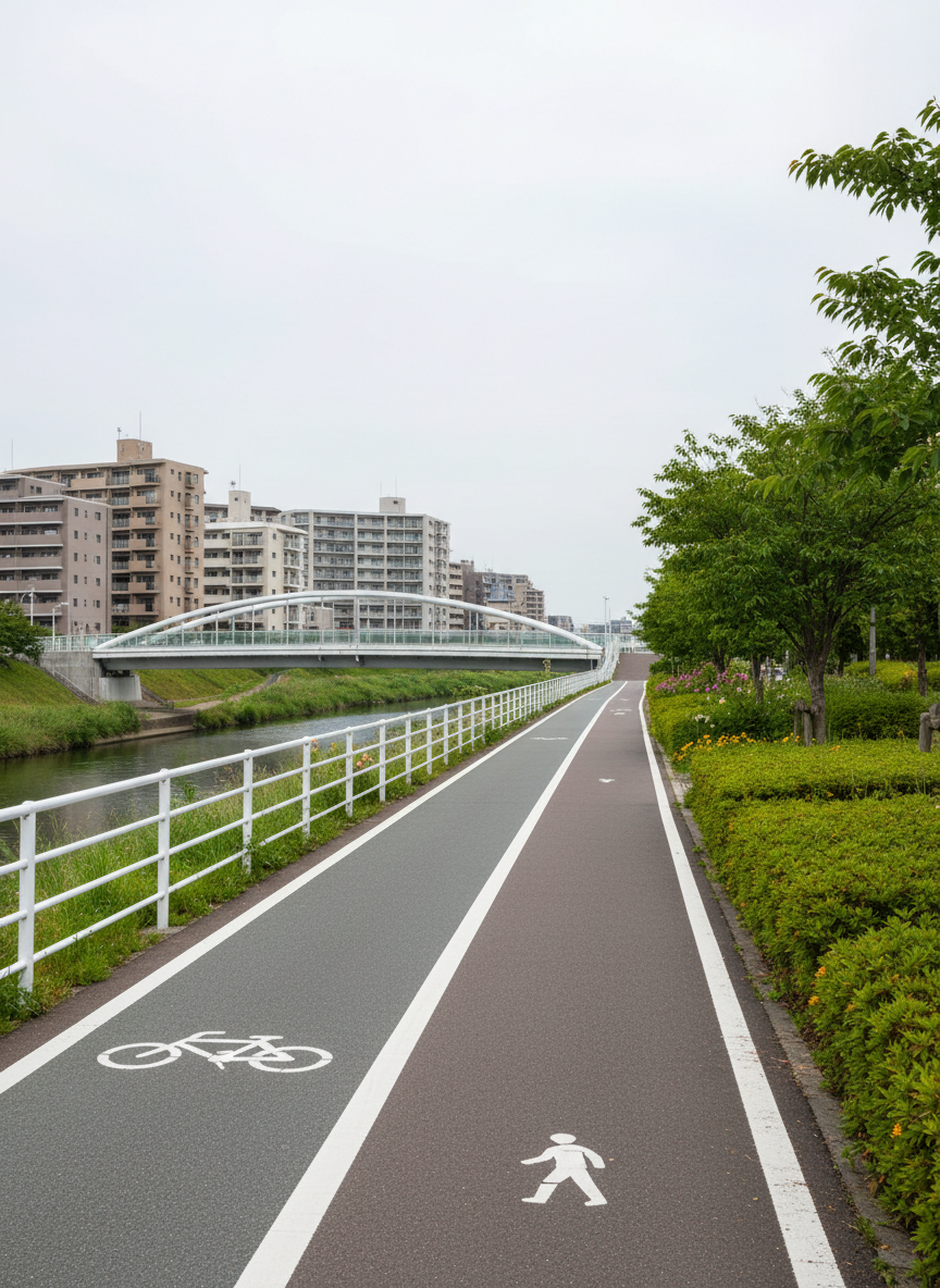 A serene riverside walkway in Kashiwa captured in photographic realism, with meticulously maintained greenery lining the path, freshly painted white guardrails, and clearly marked bicycle and pedestrian lanes on smooth pavement. In the mid-distance, a small, modern footbridge arcs over the water, and tidy residential buildings rise beyond. Soft morning light filters through a slightly overcast sky, giving even, gentle illumination and soft shadows, emphasizing cleanliness and safety. Composed using the rule of thirds from an eye-level perspective, with the path leading the viewer’s eye into the scene. The atmosphere feels hopeful and forward-looking, ideal for illustrating a candidate’s vision for a livable city.
